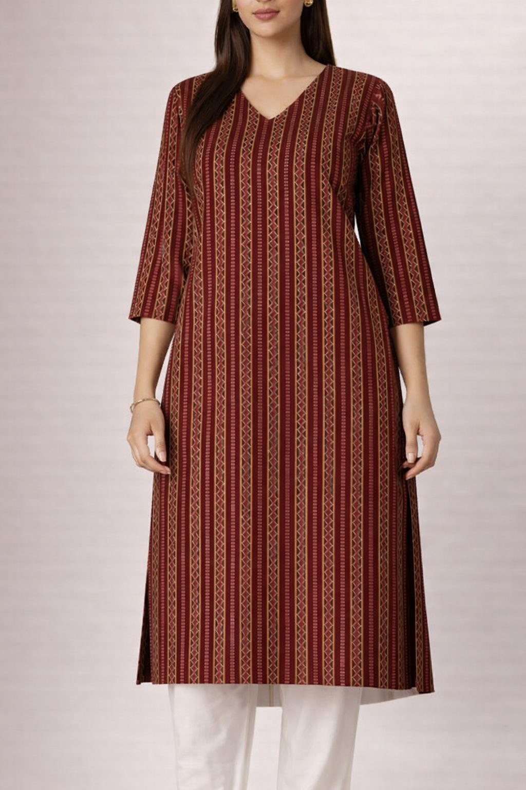 Deep Maroon Stripe Kurti | Premium Cotton Blend