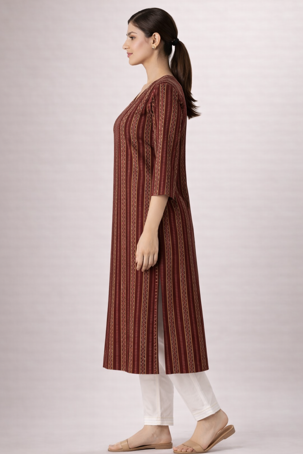 Deep Maroon Stripe Kurti | Premium Cotton Blend